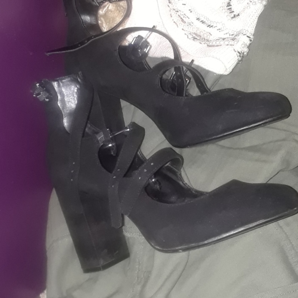 Black Aldo ankle 3 strap zip back block heels